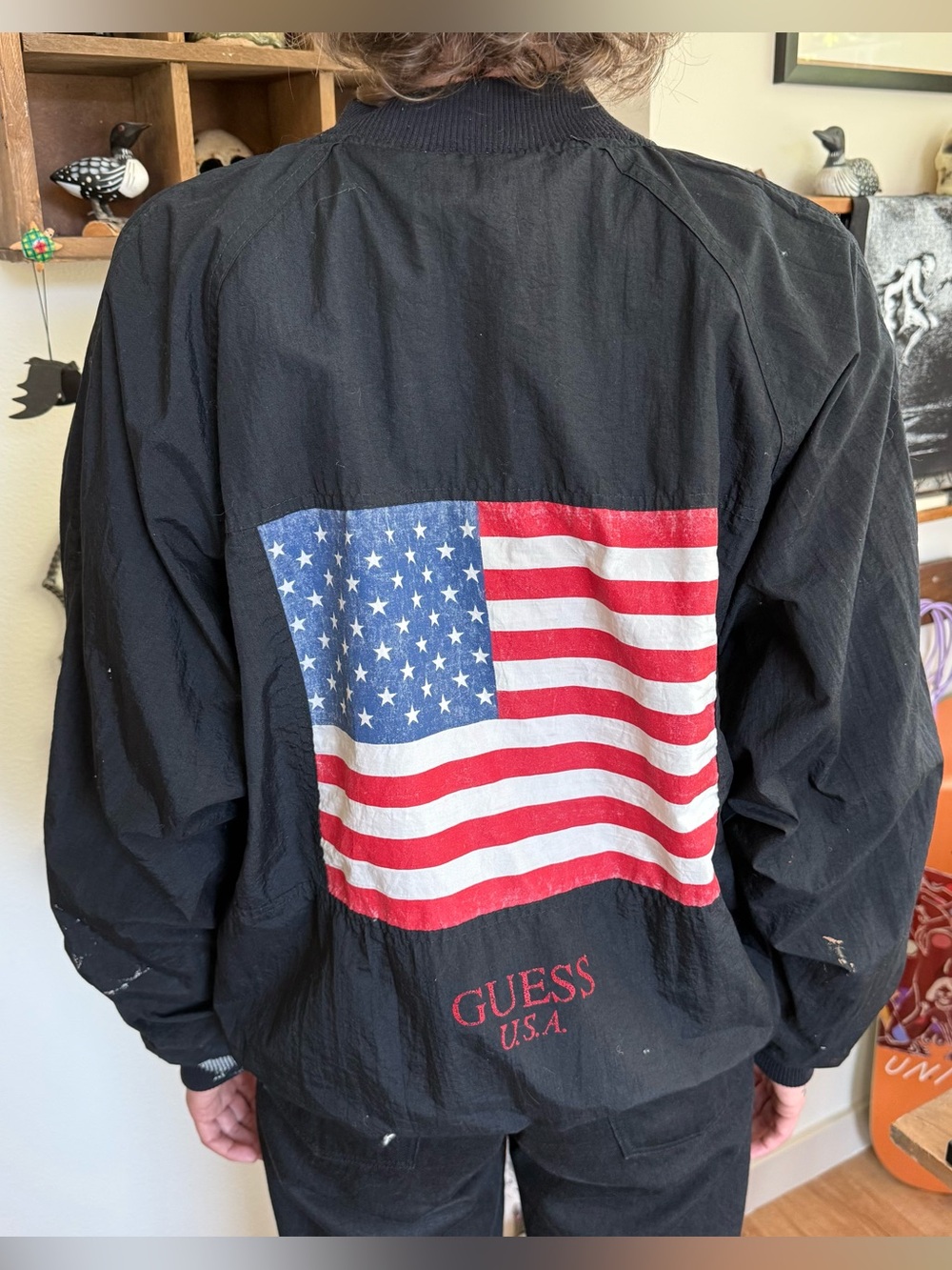 Vintage 80s Guess American Flag Distressed Black Nylon Bomber Jacket ~ Size M